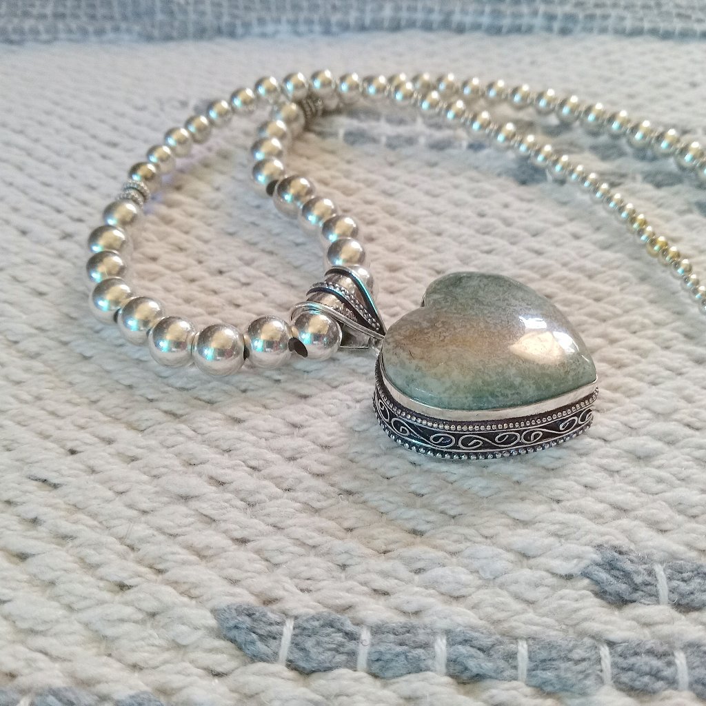 Moss Agate Sterling Silver Beaded Necklace 115$